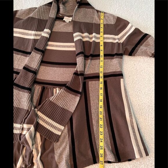 Striped Cotton Knit Open Front Cardigan Size XL Petite St John’s Bay Taupe Black - Picture 9 of 13